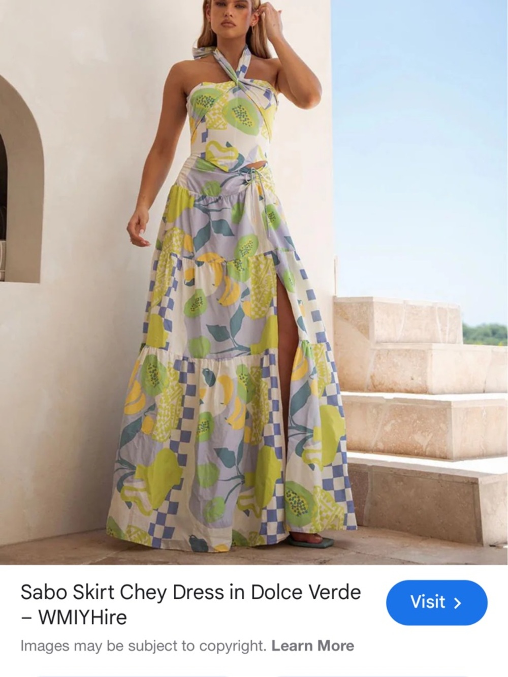 Sabo Skirt Halter Maxi Dress in Lime, Pale Blue & Yellow Print